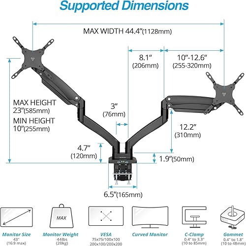 Miniatura 3 de AVLT Soporte de escritorio con brazo de monitor dual de 13 a 43 pulgadas, se adapta a dos monitores planoscurvos, altura de movimiento completo,