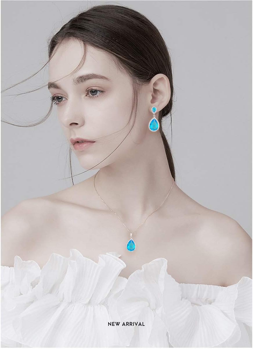 Bridal Jewelry Set for Wedding - 18k Plated Teardrop CZ Crystal Cubic Zirconia Rhinestone Necklace Earrings Set for Bride Bridesmaids Mother of Bride Party Prom Birthstone Costume Jewelry