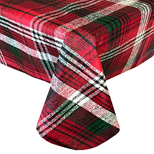 Newbridge Burke Tartan Red and Green Plaid Christmas Print Vinyl Flannel Backed Tablecloth, Classic Holiday Tartan Plaid Xmas Easy Care Wipe Clean Tablecloth, 60 Inch x 102 Inch Oblong/Rectangle