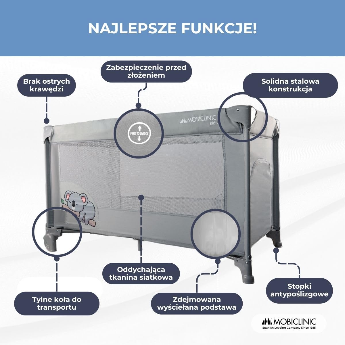 Mobiclinic®, Łóżeczko turystyczne, 2 w 1, Ultrakompaktowe składanie, Wyjmowany materac, Mofli, Do 15 kg, Oddychająca tkanina, Kojec dla dziecka, Kółka (szary)