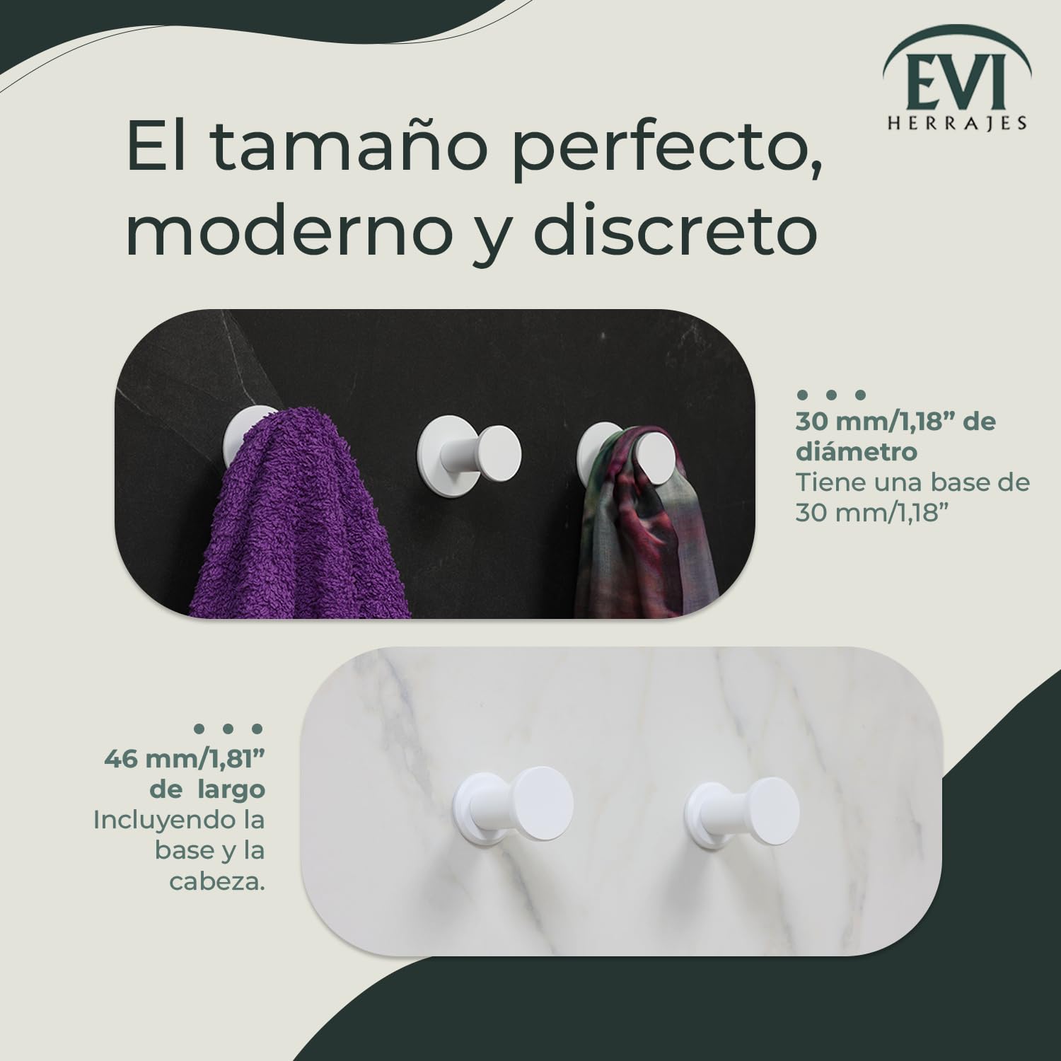 EVI Herrajes Percha de Baño | Colgador de Pared de Acero Inoxidable | Lacado Blanco | Para Colgar Ropa, Abrigos o Toallas| Toallero con Tornillo Invisible | 190CBBL