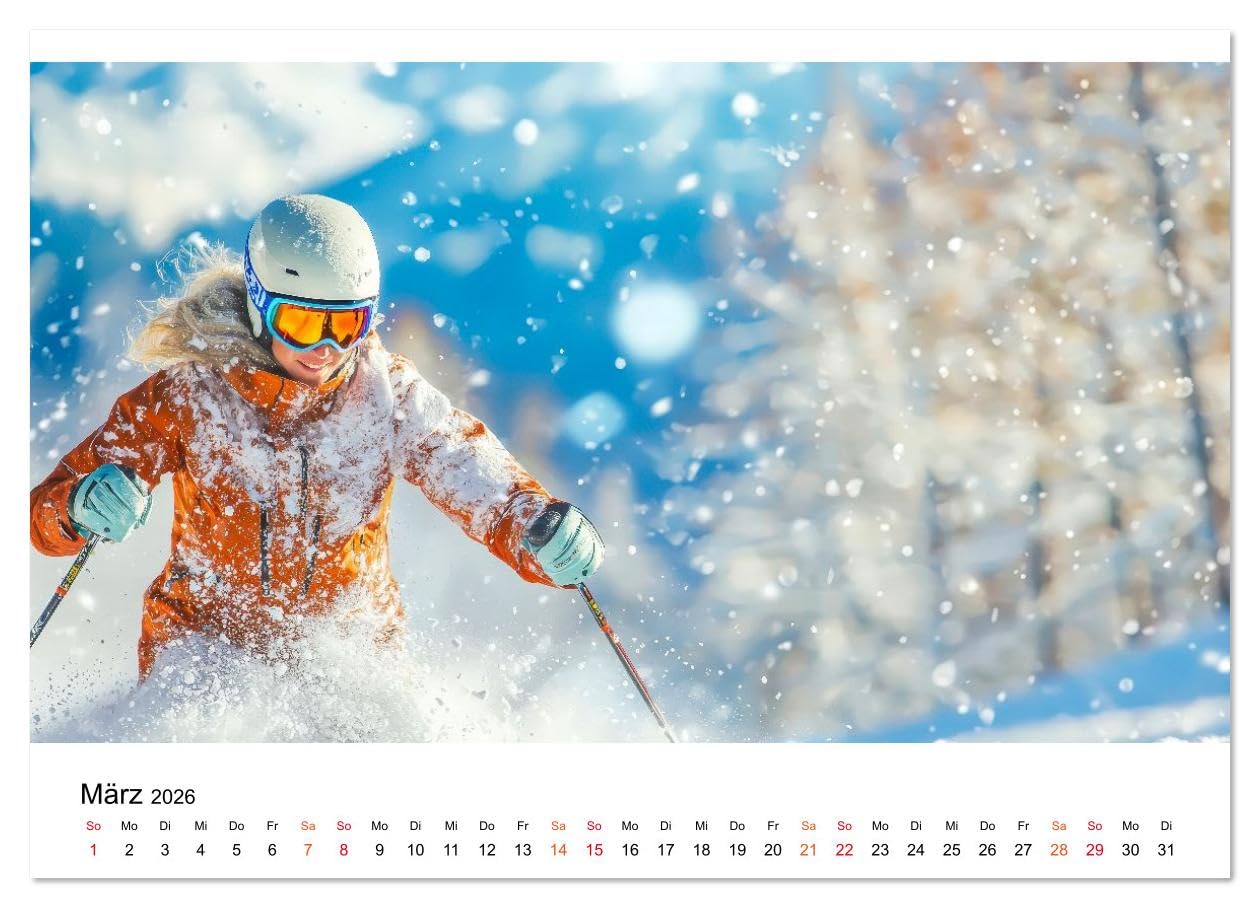Skifahren - endlich Schnee (hochwertiger Premium Wandkalender 2026 DIN A2 quer), Kunstdruck in Hochglanz: Den Winter zwölf Monate lang genießen. (CALVENDO Sport)