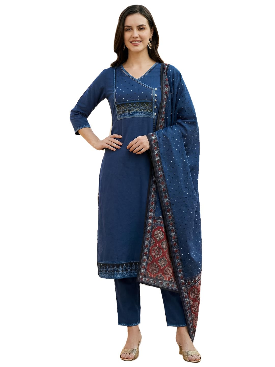 indo era Women's Pure Cotton Ethnic Motif Printed Straight Calf Length Kurta with Pant & Dupatta Set (IEAI11001)-picture-16