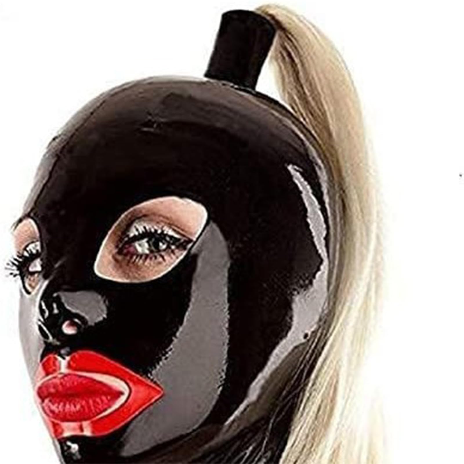 DSPENGS Latex Hood BDSM Halloween with Wig Full Face Mask Zipper Natural latex Party Decorate Mask Themed Party(Size:L-68CM)