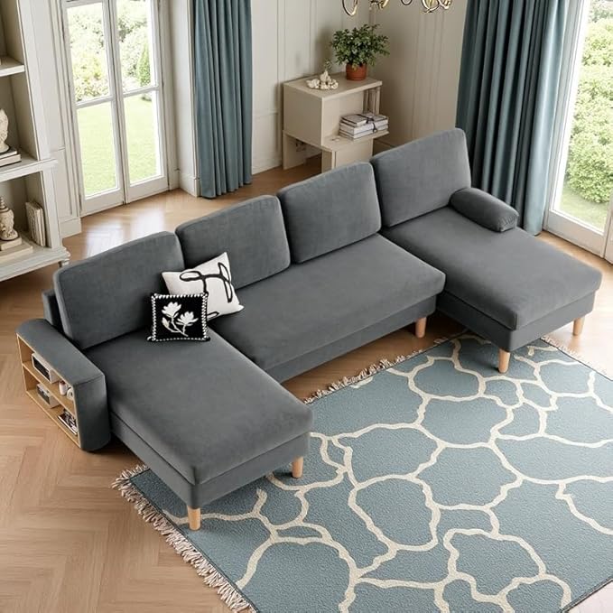 DWVO 109'' U-Shape Sectional Sofa, 4-Seater Sofa with Double Chaise, Storage Armrests & Cup Holder, Thick Cushions, Durable Wood Frame for Living Room, Apartment, Office, Dark Gray