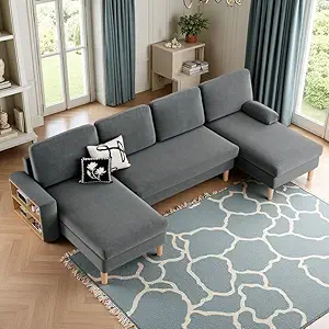 DWVO 109'' U-Shape Sectional Sofa, 4-Seater Sofa with Double Chaise, Storage Armrests & Cup Holder, Thick Cushions, Durable Wood Frame for Living Room, Apartment, Office, Dark Gray