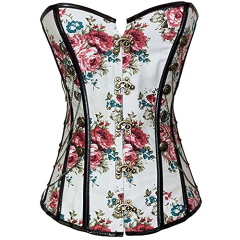 BUYIIT Women's Spiral Steel Boned Steampunk Gothic Bustier Corset with Chains (UK Size 6-8(S, Flower #1) Cover