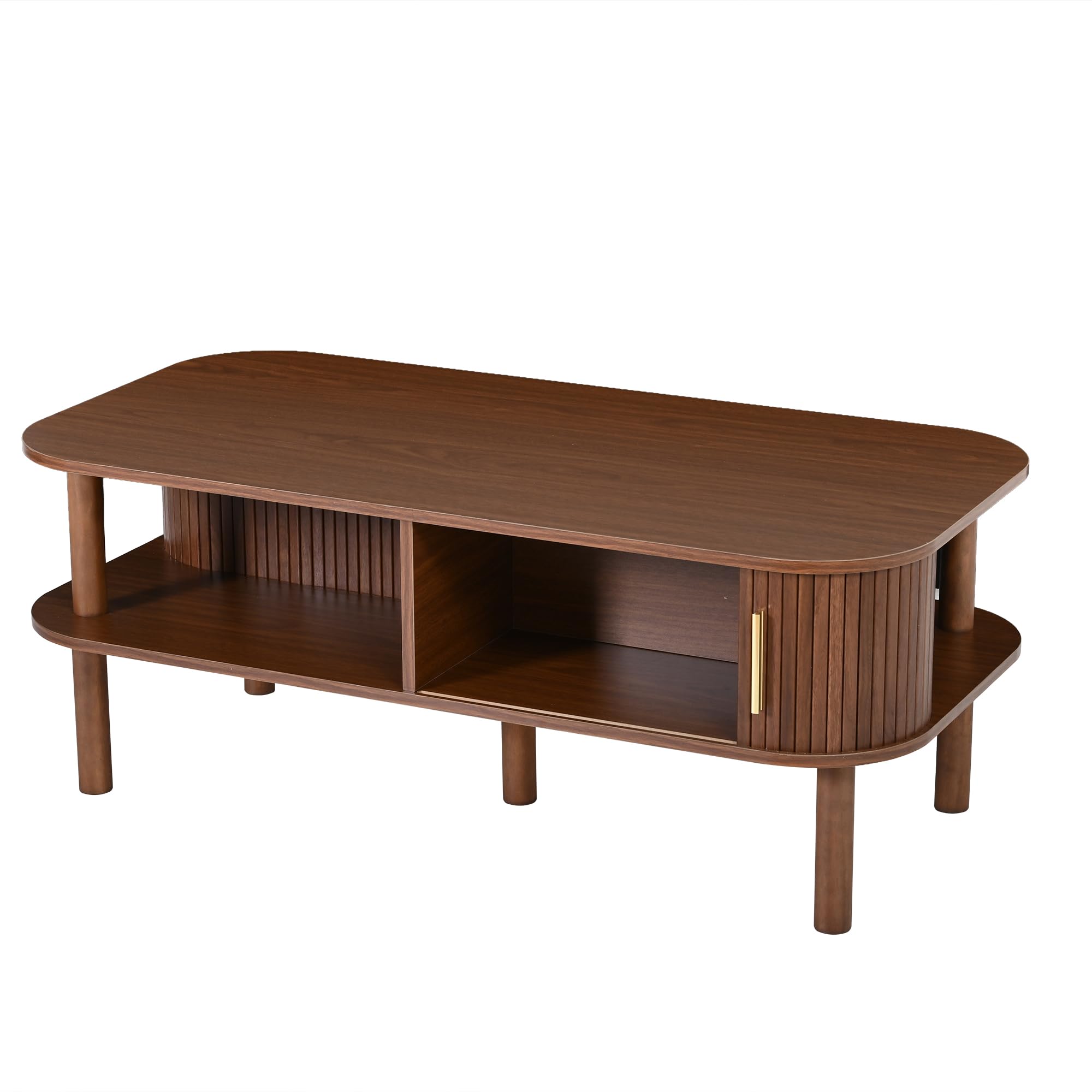 Couchtisch 110x55x45cm aus MDF, Skandinavischer, Rolltor, offene Fächer, Stauraum, belastbar 60 kg, Walnussholzfarbe
