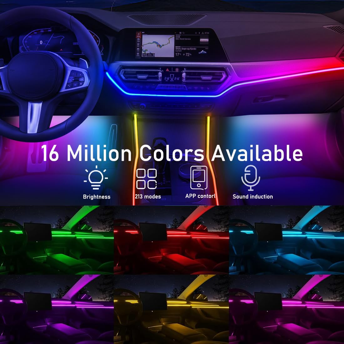 Acrylic Ambient Lighting Car Kit 43.3in/110cm,16 Million Colors,213 Modes LED Strip Lights,Dynamic Dreamcolor Chasing Music Sync Wireless APP Control,for Car Cabin Trim Dash Decoration. - 3