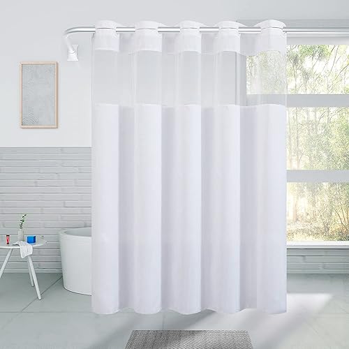 Miniatura 7 de Furlinic Cortina de ducha extra larga sin gancho, cortinas de baño de tela de poliéster con ventana superior de malla, impermeable y lavable a