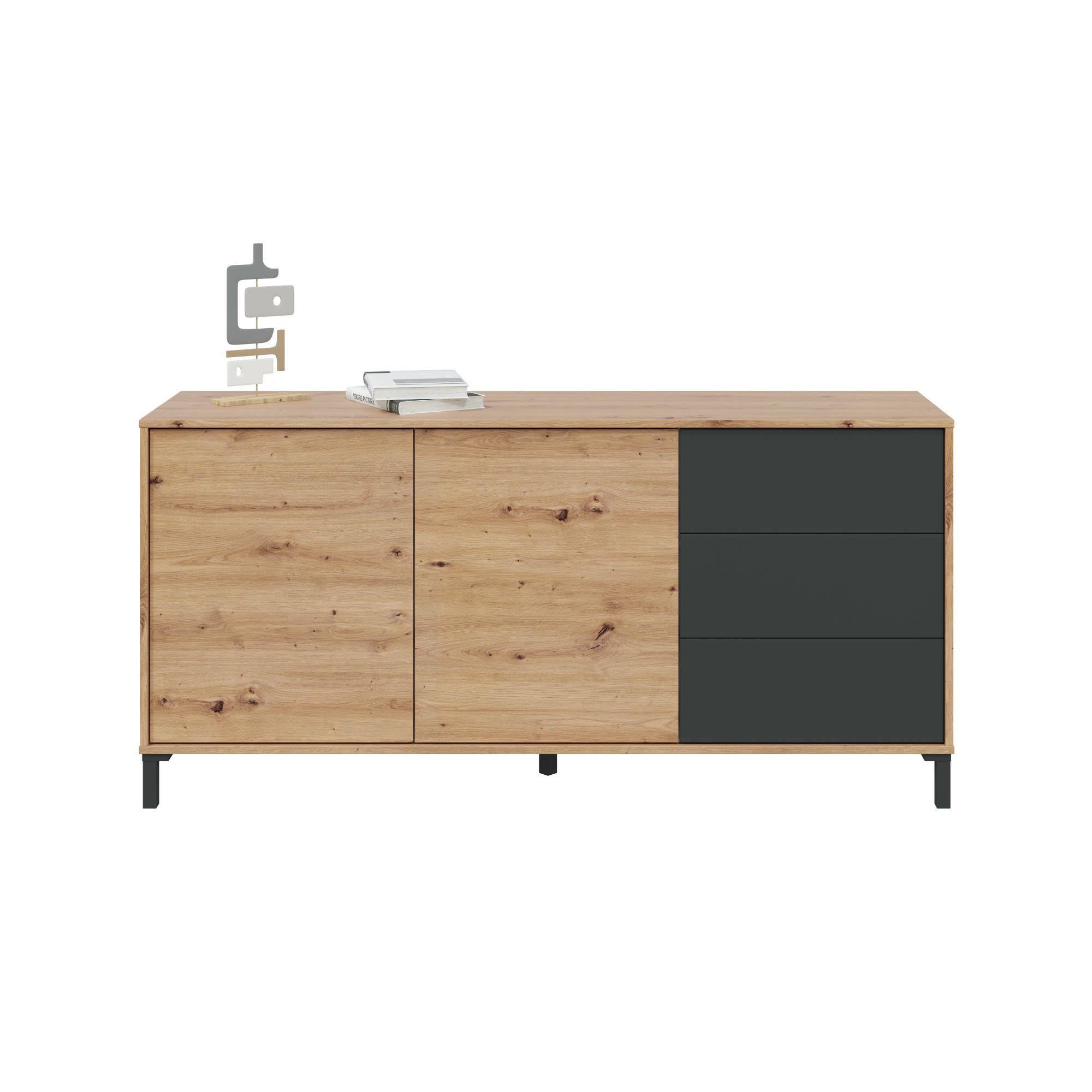 Dmora - Credenza Concord, Buffet da soggiorno, Mobile porta TV, Armadio per salotto, Madia moderna a 2 ante e 3 cassetti, 154x41h74 cm, Rovere nodi e Antracite