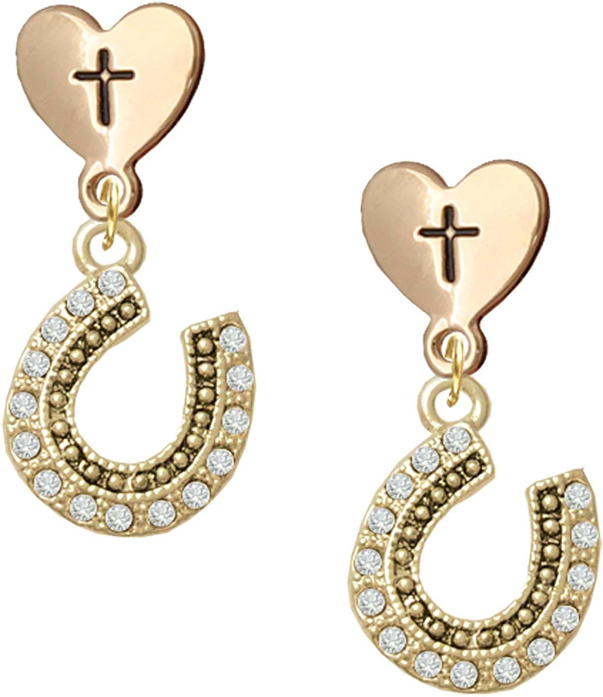 Delight Jewelry Goldtone Beaded Clear Crystal Horseshoe with Good Luck Cross in Heart Post Dangle Earrings