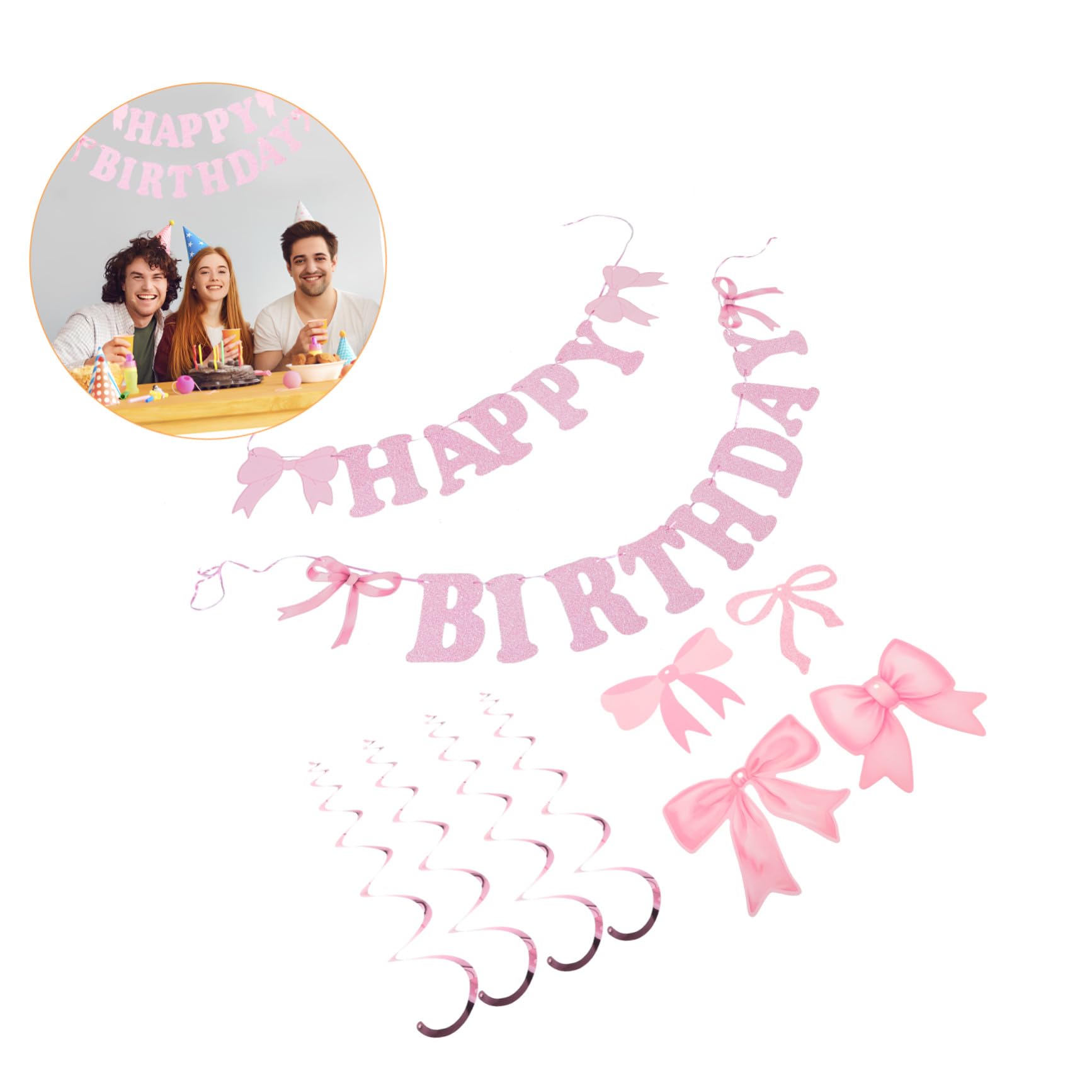5 Juegos Paquete de Decoración para Fiesta con Lazo Rosa Guirnalda de Papel Colgante y Remolinos Banner de Cumpleaños para Niñas y Bodas Kit Ligero para Eventos Festivos