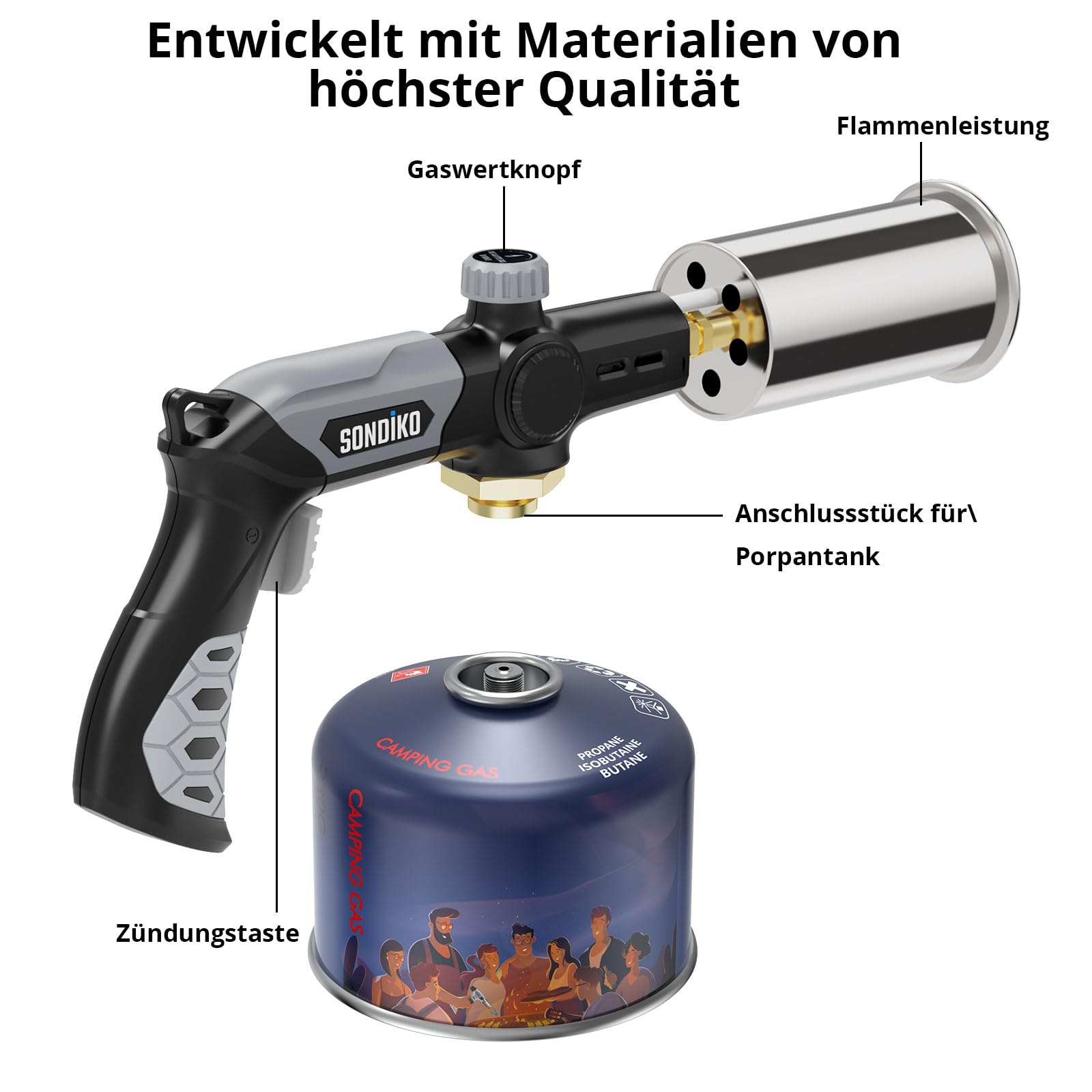 Sondiko Flambierbrenner Propanbrenner L8010, Sous Vide, Bunsenbrenner Lagerfeueranlasser, Gasbrenner von Steak, Grillen, Schweißen (schwarz, grau) Propantank nicht inbegriffen