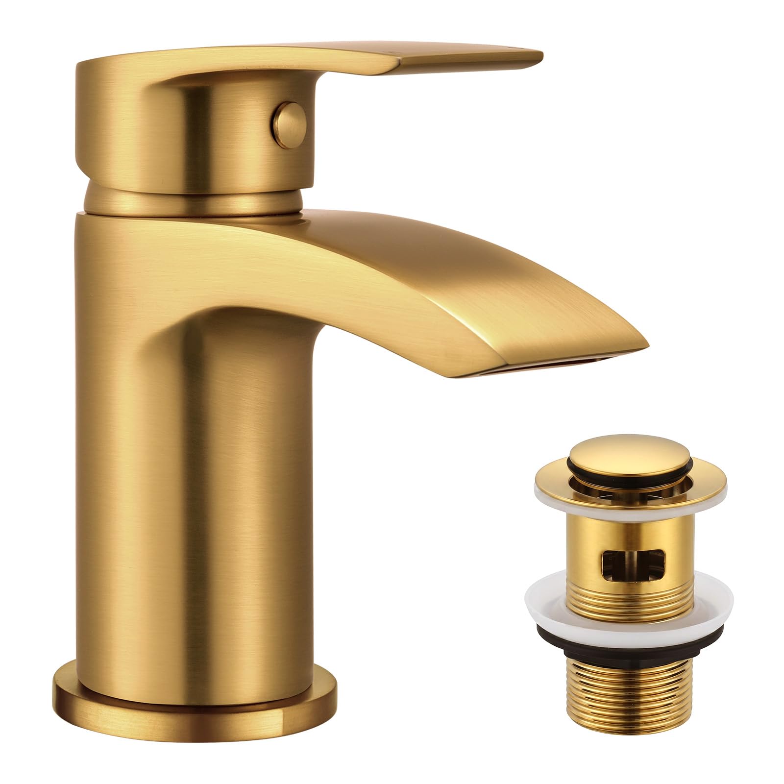 Funime Basin Taps Mixers Waterfall Gold with Slotted Pop-up Waste Bathroom Sink Mixer Tap Mono 1 Hole Single Lever Modern with G1/2'' Hoses Brushed Gold Round Cloakroom Taps Hot and Cold Water Mixer