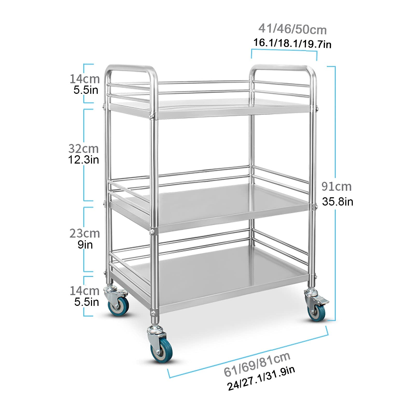 Carrello di Servizio a 2/3 Livelli, Carrello di Servizio in Acciaio Inossidabile, Carrello di stoccaggio Staccabile con Ruote bloccabili, Carrello di Servizio di serv,3 Layers-69 * 46 * 91Cm