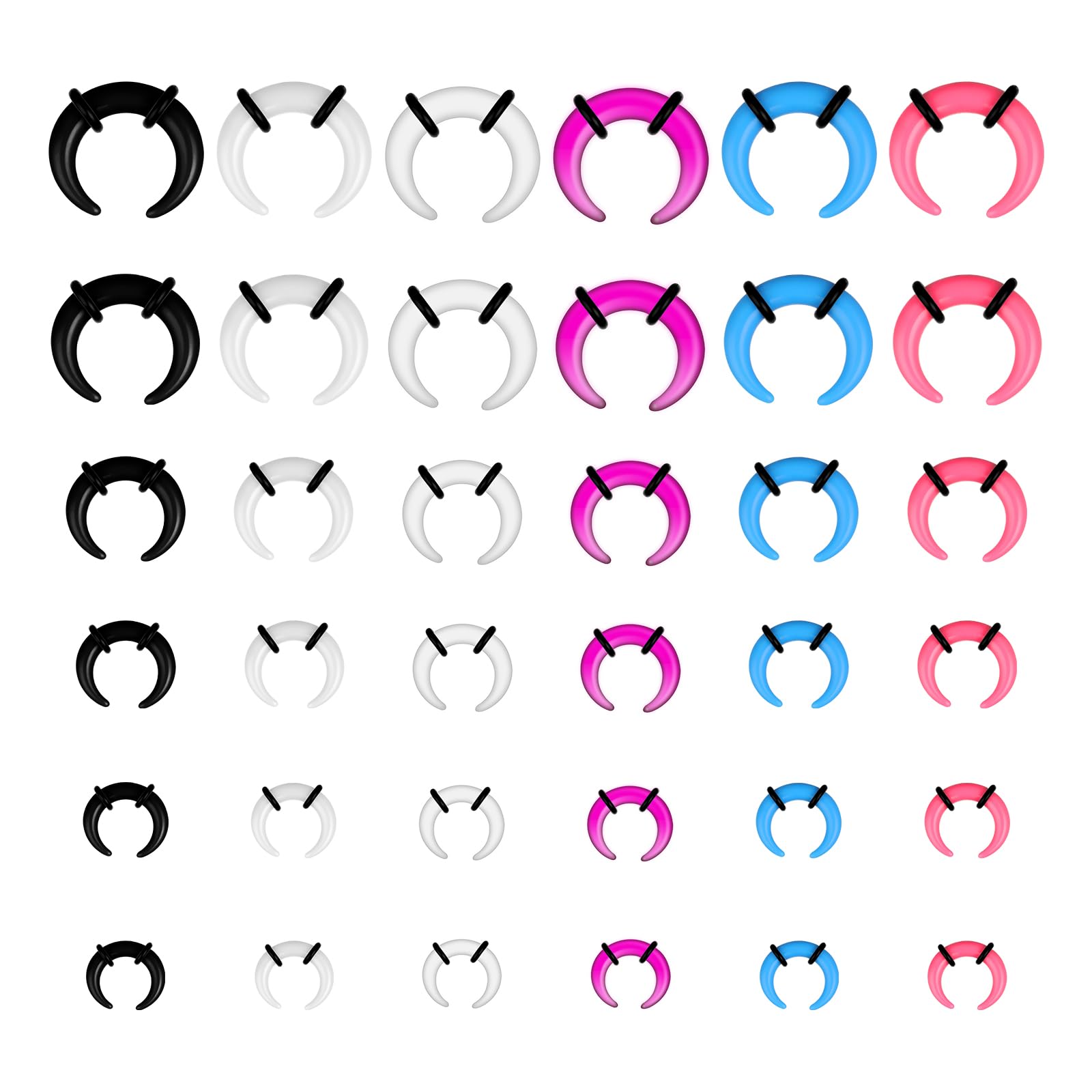 Yolev Kit d'étirement de septum 36 pièces en acrylique 16 G-6G avec joints toriques noirs en forme de fer à cheval en forme de C pour septum, oreille, cartilage, nez pour homme et femme