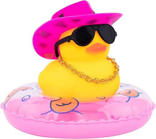 wonuu Pato de goma para automóvil, decoración de pato amarillo con sombrero de sol, anillo de natación, collar de gafas de sol para decoración de