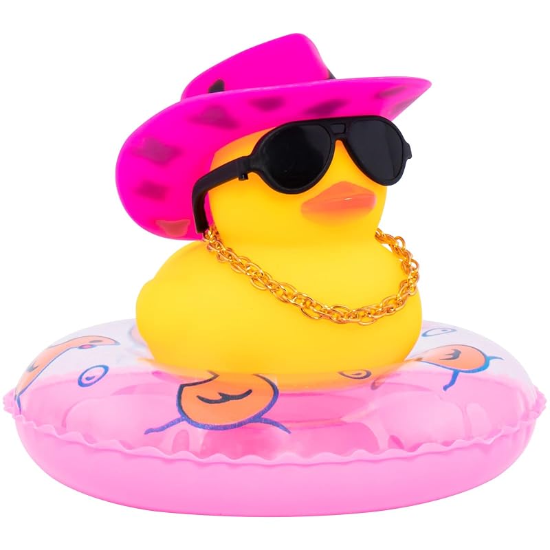 Pato de borracha decorativo para painel automotivo wonuu com chapéu de cowboy rosa, óculos, colar e boia