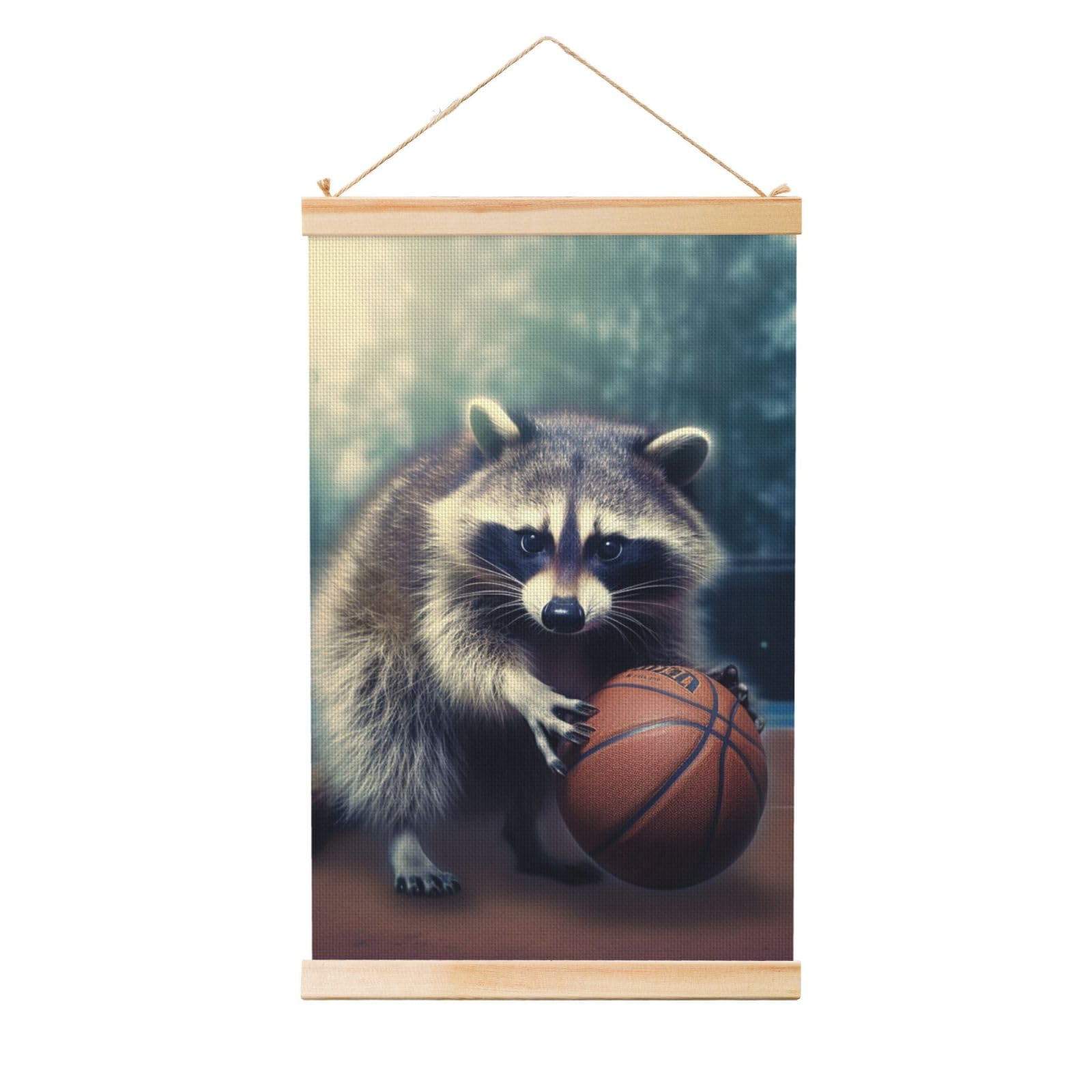 Funny Raccoon Basketball Poster Wooden Shaft Hanging Poster Wall Hanging Banner Canvas Artwork with Wood Frames 36"x24" Modern Artwork Decor Ready to Hang Wall Art for Home Decor Scroll Painting
