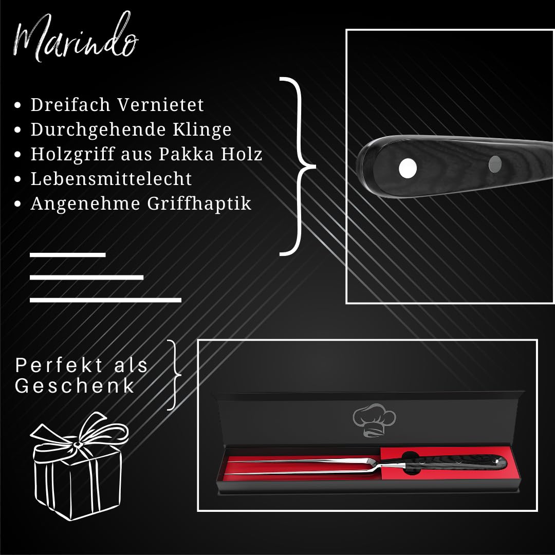 Marindo Forchetta professionale per carne in acciaio inox, 31,5 cm, con manico in legno e lunghezza lama 17 cm, forchetta per arrosti, forchetta da trinciatura in acciaio inox grande
