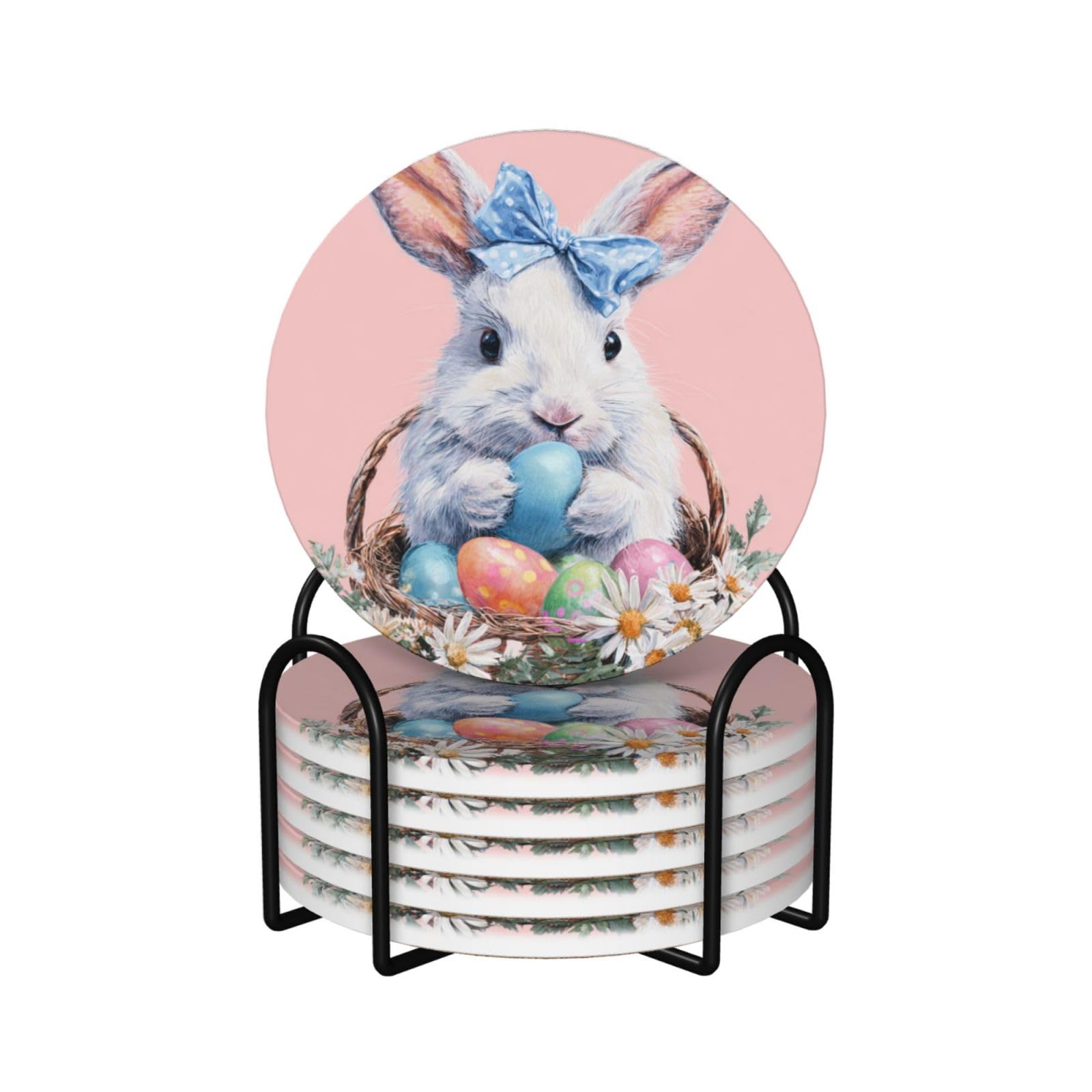 Sous-verres lapin blanc en céramique (lot de 6) avec support bleu