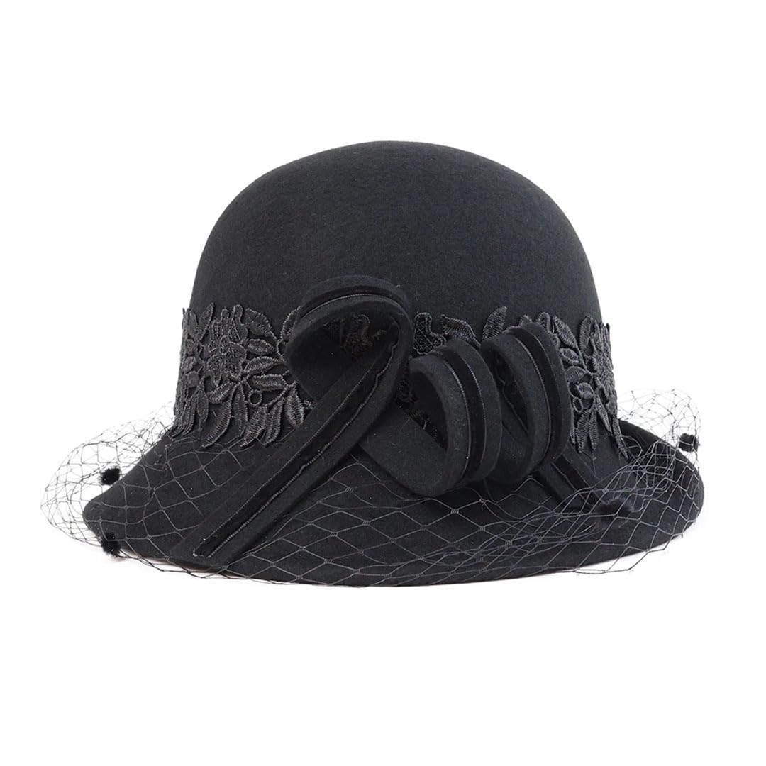 Wvapzxx Elegante cappello a bombetta per le donne inverno feltro di lana Fedora con velo pizzo fiore chiesa matrimonio formale cappello