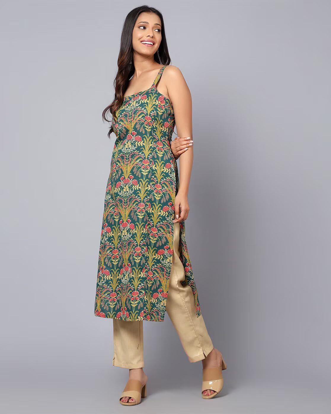 Patlani Women's Cotton Blened Sleeveless Printed Full Stitched Kurti.(K-199) Green