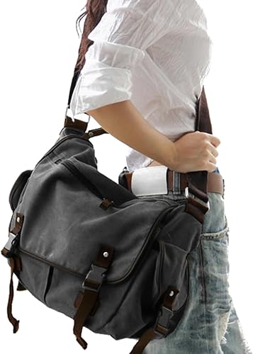 Miniatura 7 de Bolso mensajero de lona vintage para computadora portátil, bolso de hombro para mujer y hombre nuevo, Negro -