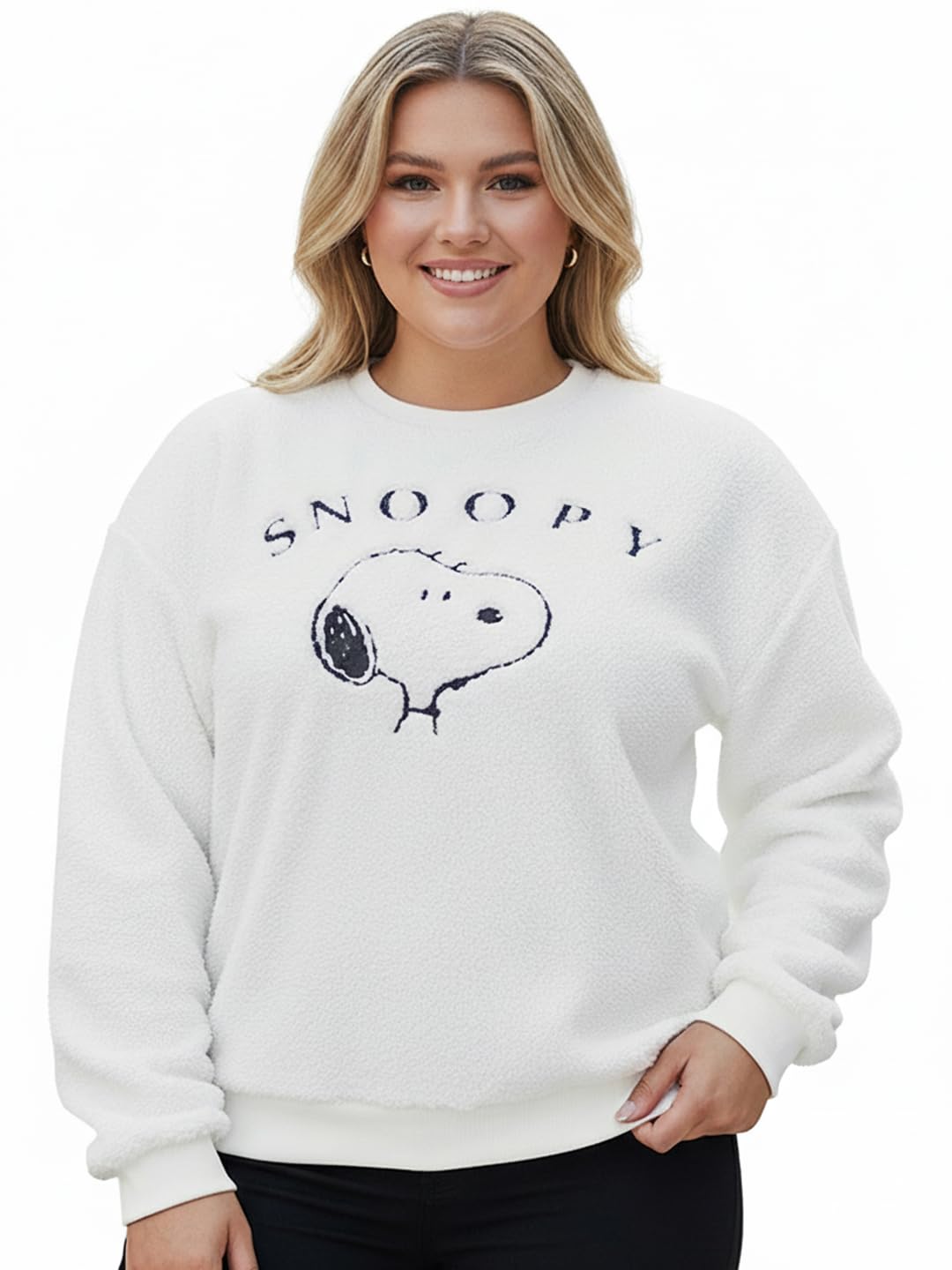bewakoof Official Peanuts Merchandise Snoopy Women's Embroidered Oversized Fit Full Sleeve Round Neck Cotton Blend Plus Size Sweatshirt-picture-50