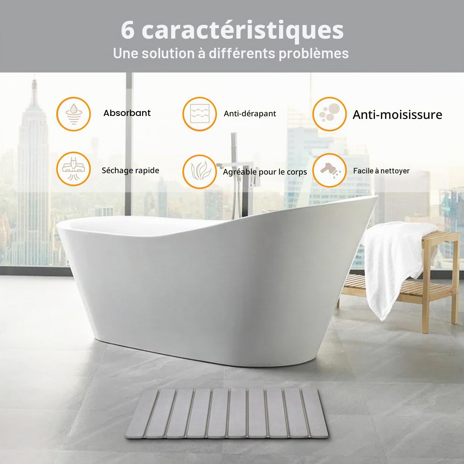 KEYCHAD Tapis de Bain Pliable antidérapant en Terre de diatomées à séchage Rapide pour Salle de Bain, Maison et Chambre Gris 59 x 39 cm