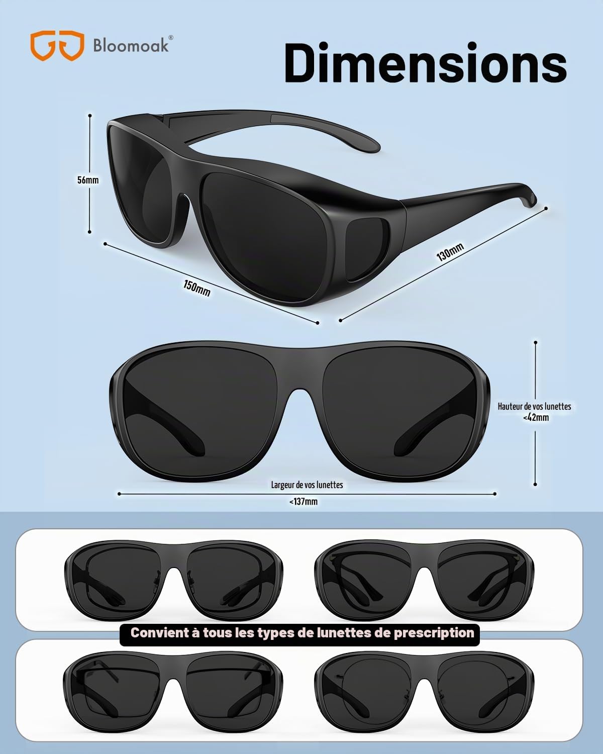 Bloomoak Lunettes de soleil polarisées à verres super foncés XL enveloppantes pour yeux sensibles à la migraine | Extra Large 150 mm