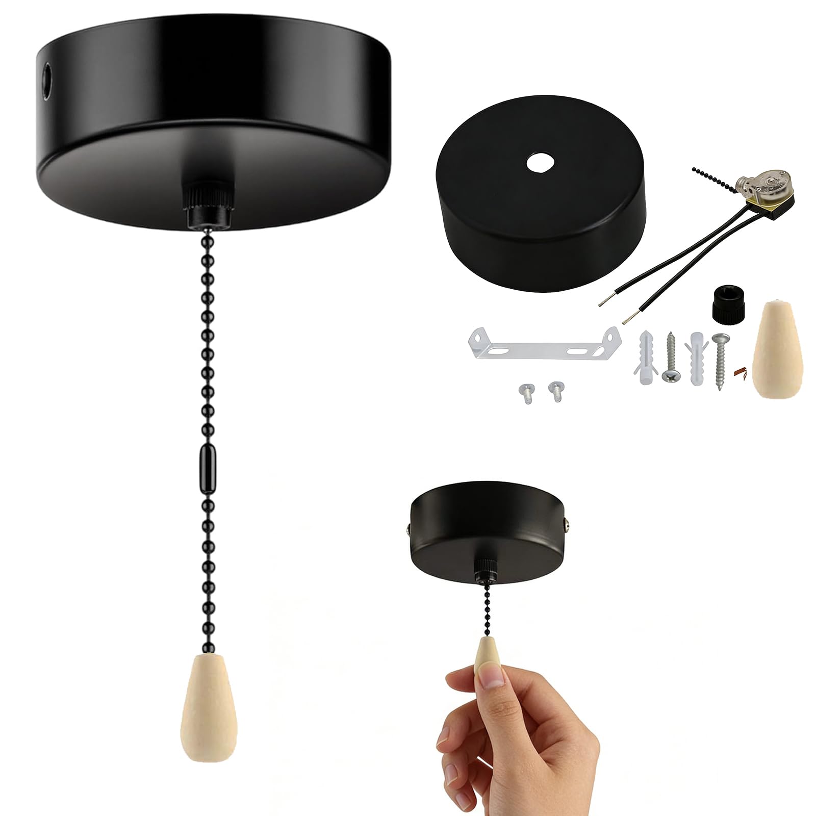 1Pcs Black Pull Cord Light Switch Bathroom, Bathroom Pull Cord Ceiling Switch For Bathroom, For Ceiling Light, For Bathroom, Bedroom, Kitchen, Living Room, Corridor