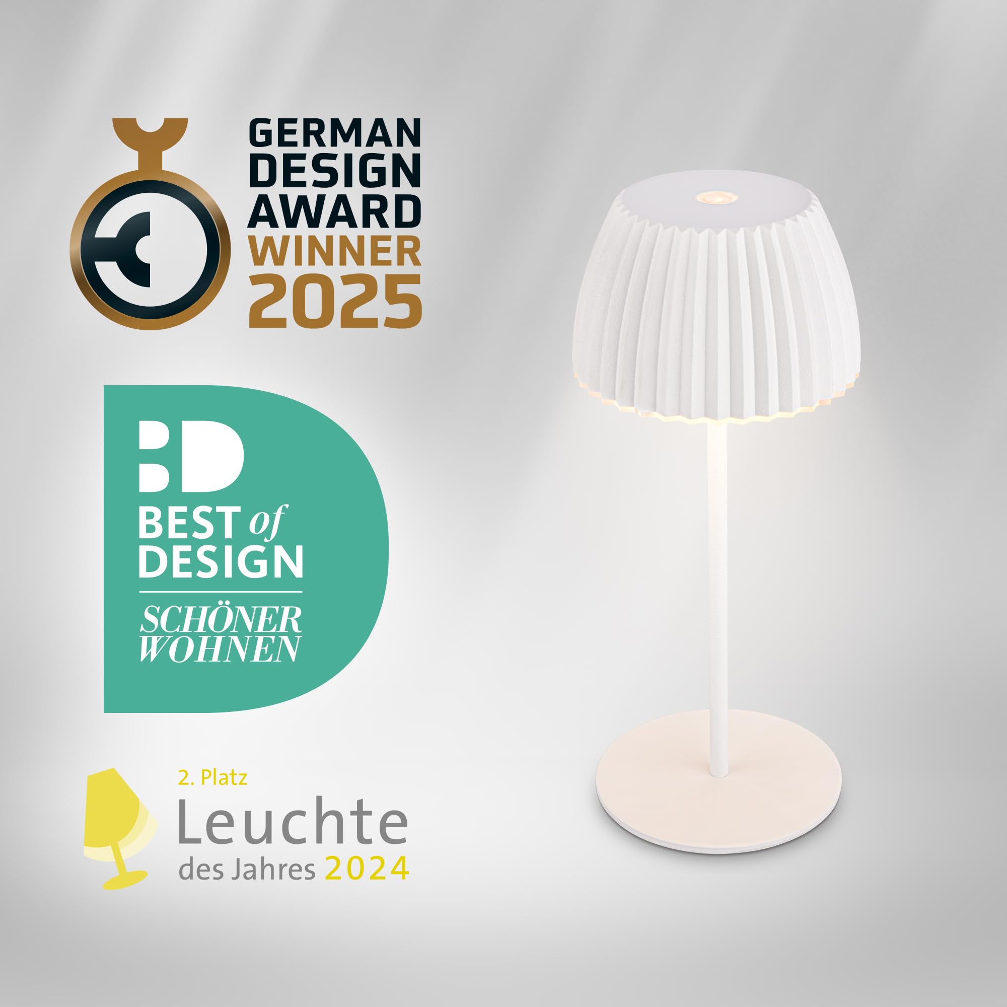 BRILONER - Riffle Mini lampara de mesa sin cable LED inalámbrica IP44 con borde luminoso, regulador táctil, lampara mesita noche sin cable, ganadora del German Design Award 2025, 8,5x20 cm, blanco