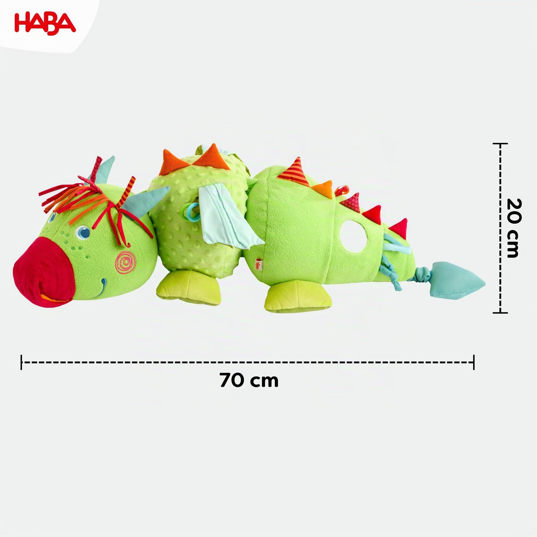 HABA Entdeckertier Drache Rudy – Plüschdrache mit akkustischen & haptischen Elementen, Rassel, Quietsche und Spiegel, Kuscheltier für Kinder ab 6 Monaten – 2012334001