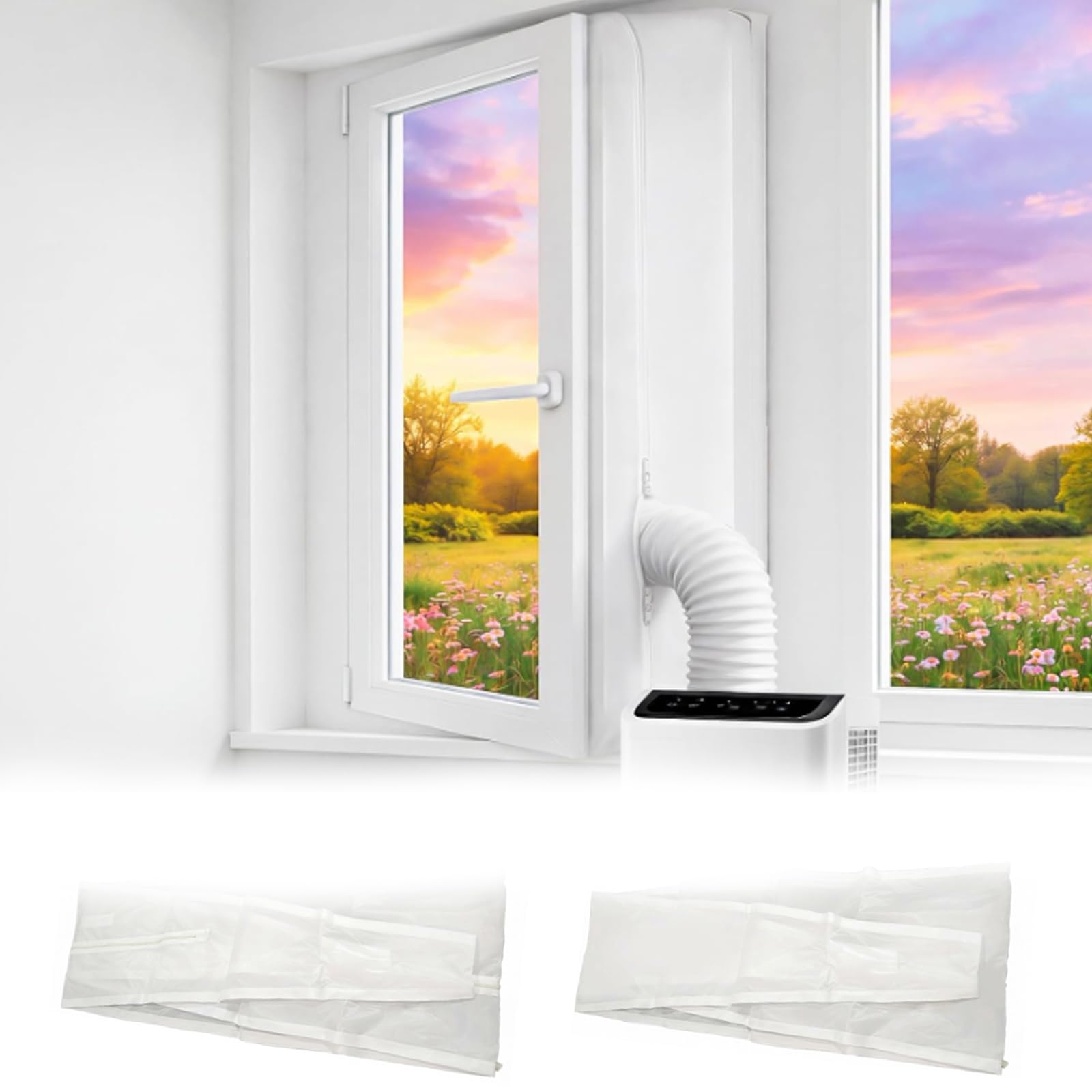 GYTFOG Air Conditioner Window Seal,300cm Aircon Window Seal Kit with Double Zip and Adhesive Tap Portable Universal Waterproof, for Portable Air Conditioner and Tumble Drye, No Drilling with Zip