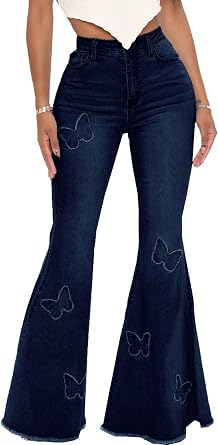 Womens Bell Bottom Jeans Classic Destoryed Ripped Flare Jeans Elastic Waist Raw Hem Denim Pants