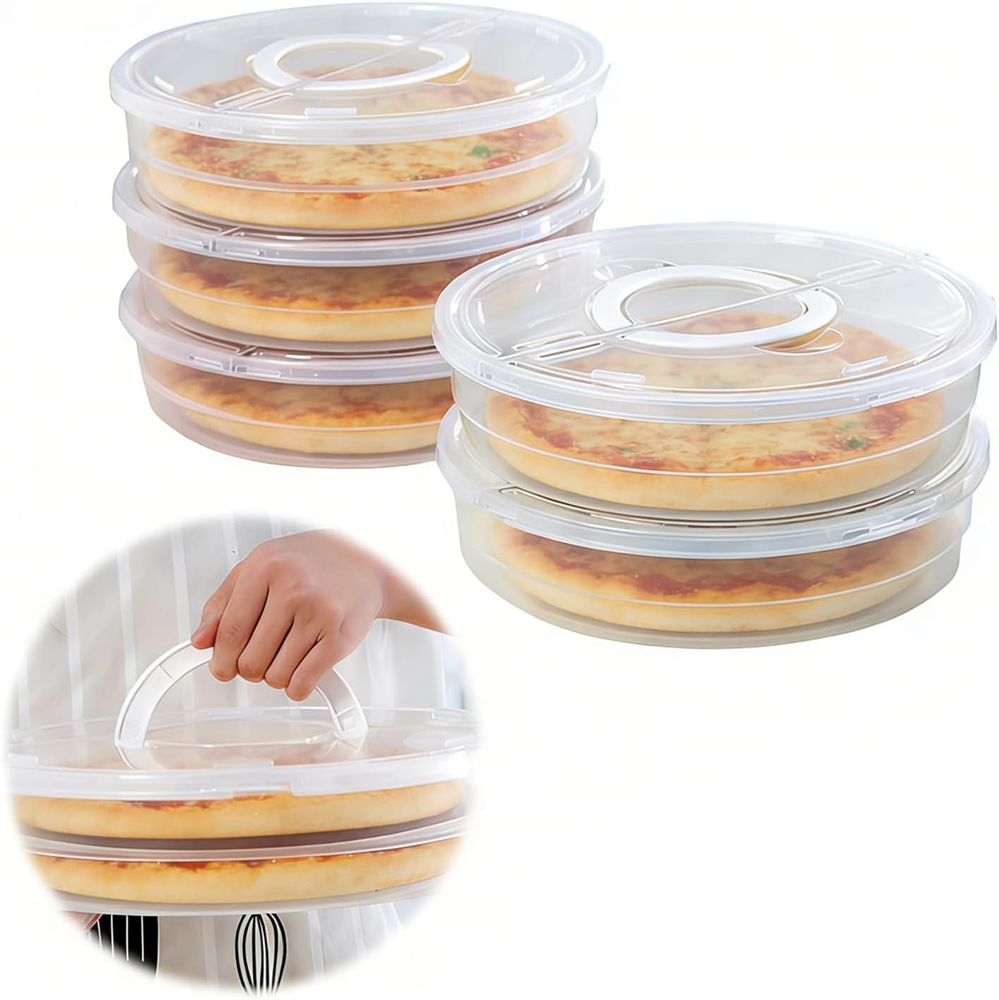 Upgrade 12inch Reusable Food Storage Container with Lid and Handle, 2 Compartments Pizza Slice Storage Box, Round Clear Pie Carrier Leftover Pizza Keeper for Cake Cheesecake Tortilla Pastry (2)