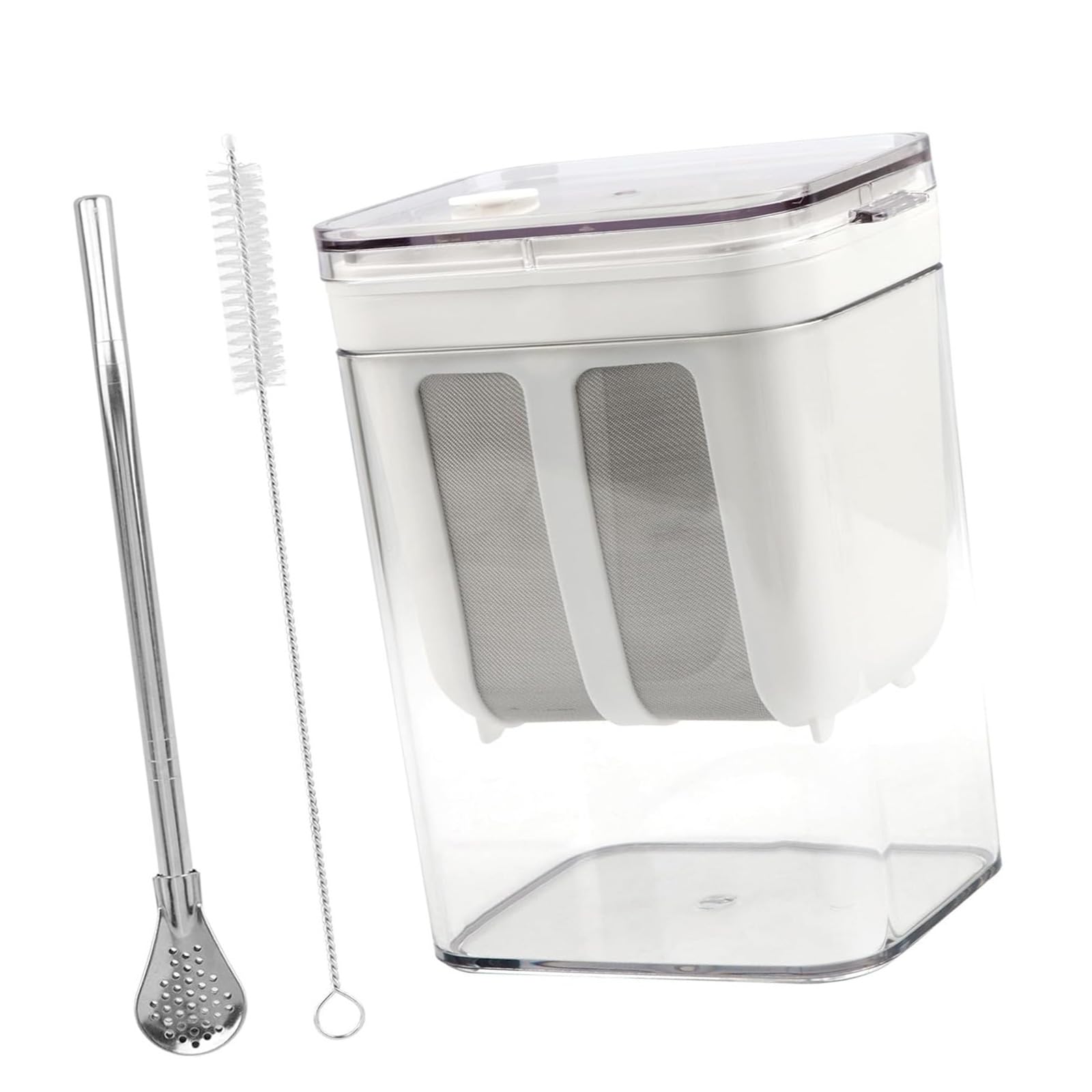 Kitchen Yogurt Strainer Set with Removable Mesh Basket and Lid, Homemade Whey Container with Spoon and Mesh Brush for Fridge Prep and Serving Homemade Yogurt Whey Separator Filter Kitchen Strainer Tub