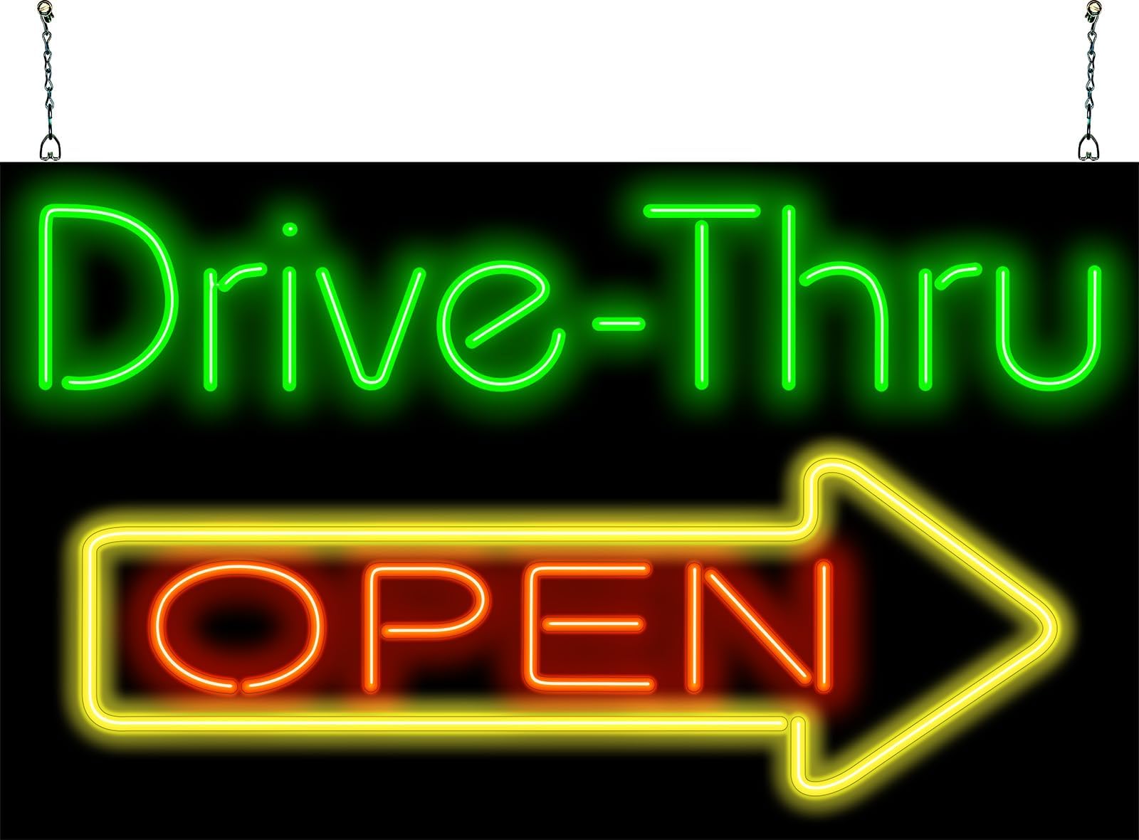 Large Drive-Thru Open Neon Sign - 37" wide x 22" high - Real, Quality Hand Bent Neon Sign - Bright Green & Red Letters with a Yellow Right Arrow
