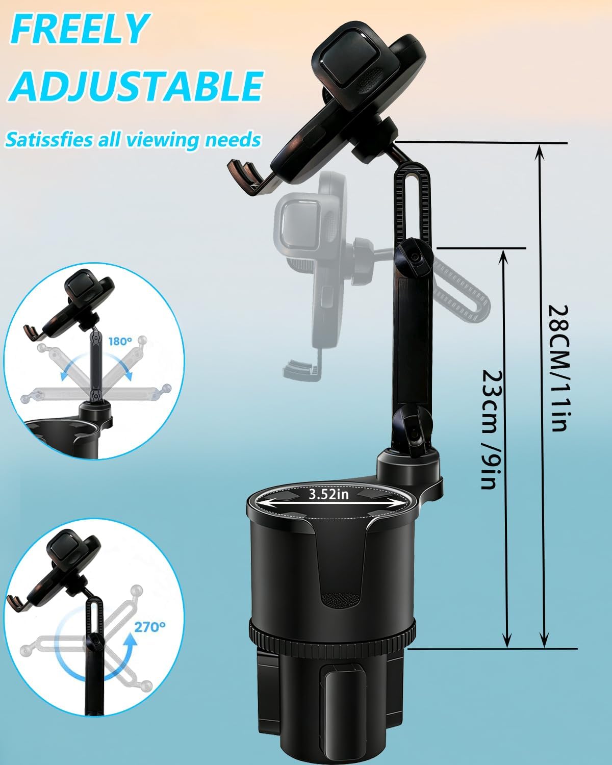 Cup Phone Holder for Car with Expandable Base, 2 in 1 Height-Adjustable Dual Cell Phone Holders Car Cupholder Mount, Friendly Fit Large Bottle & iPhone All Cellphone for Truck SUV | No Shake Design