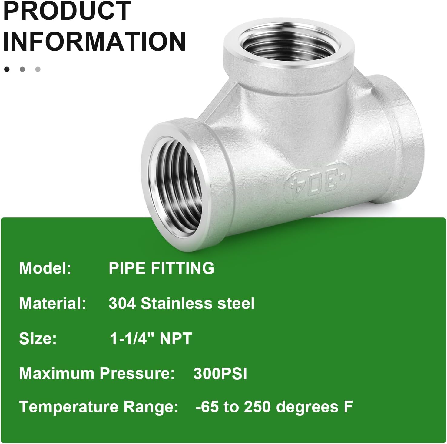 TAISHER 2PCS 304 Stainless Steel Tee Pipe Fittings, 1-1/4" x 1-1/4" x 1-1/4" NPT Female Pipe Fittings