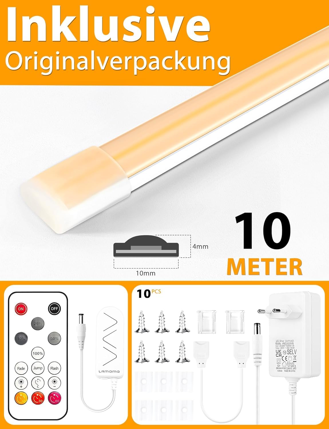 Lamomo Tira LED COB, luz blanca cálida, regulable, 10 m, resistente al agua, 3000 K, barra de luces de neón con mando a distancia, silicona flexible para dormitorio, interior, exterior, cocina