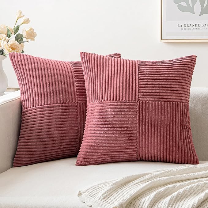 Image of Guffaw Corduroy Pillow Covers Boho Decorative Spliced Throw Pillow Covers Soft Solid Couch Pillowcases Cross Patchwork Cushion Covers for Living Room Bed Sofa 16x16 inch (4, CB RED)