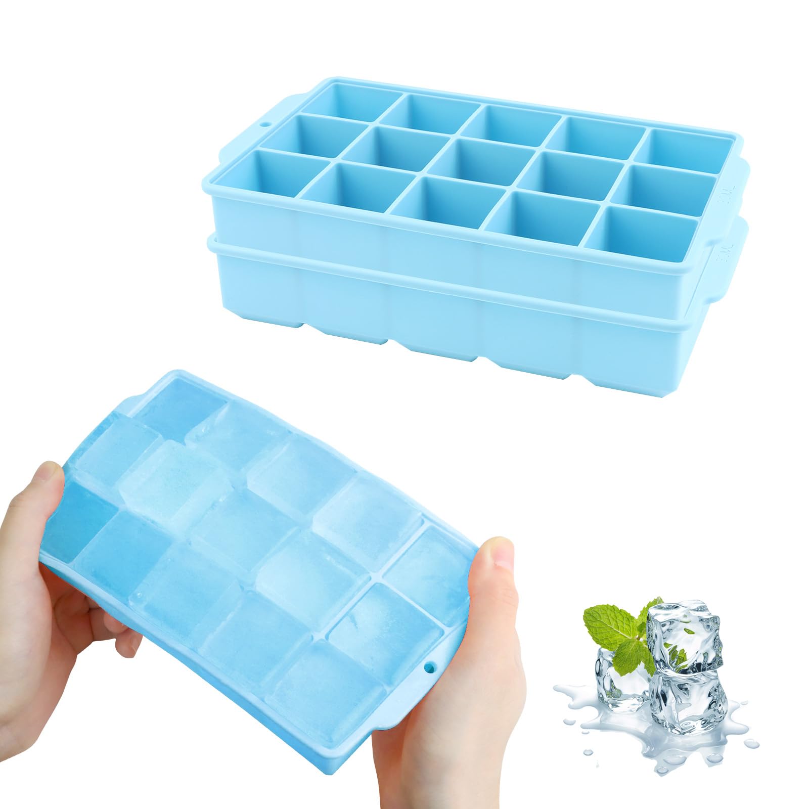 JOPHEK Eiswürfelform, 2 Stück 30 Fach Silikon Eiswürfelschale, Große Quadratische Eiswürfel 3.5cm für Cocktails Whisky Wein Obst Fruchtpürees Eiscreme Eistee (Himmelblau+Himmelblau)