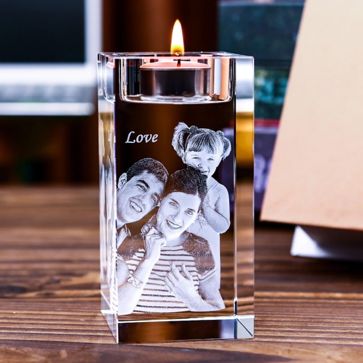 Personalized Engraved Photo Crystal Candle Holder,Custom Picture Candle Holder,Engraved Crystal Tealight Holder (5x5x8cm/1.9x1.9x3.14)
