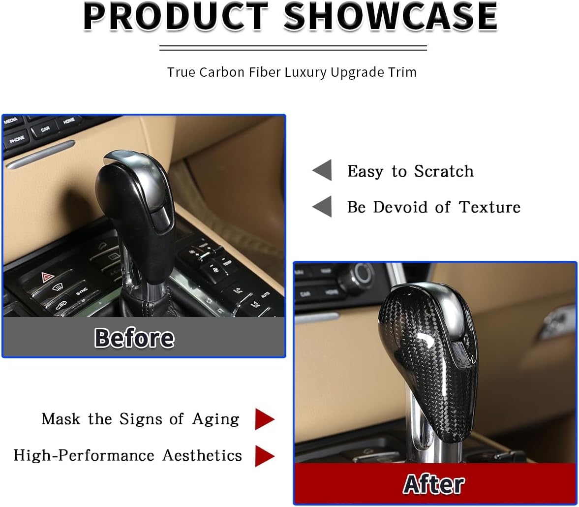 Real Carbon Fiber Gear Shift Head Knob Decoration Cover Protector for Porsche Macan Panamera Cayman Boxster 911 718 2008-2020 Car Interior Accessories (Black Carbon Fiber)