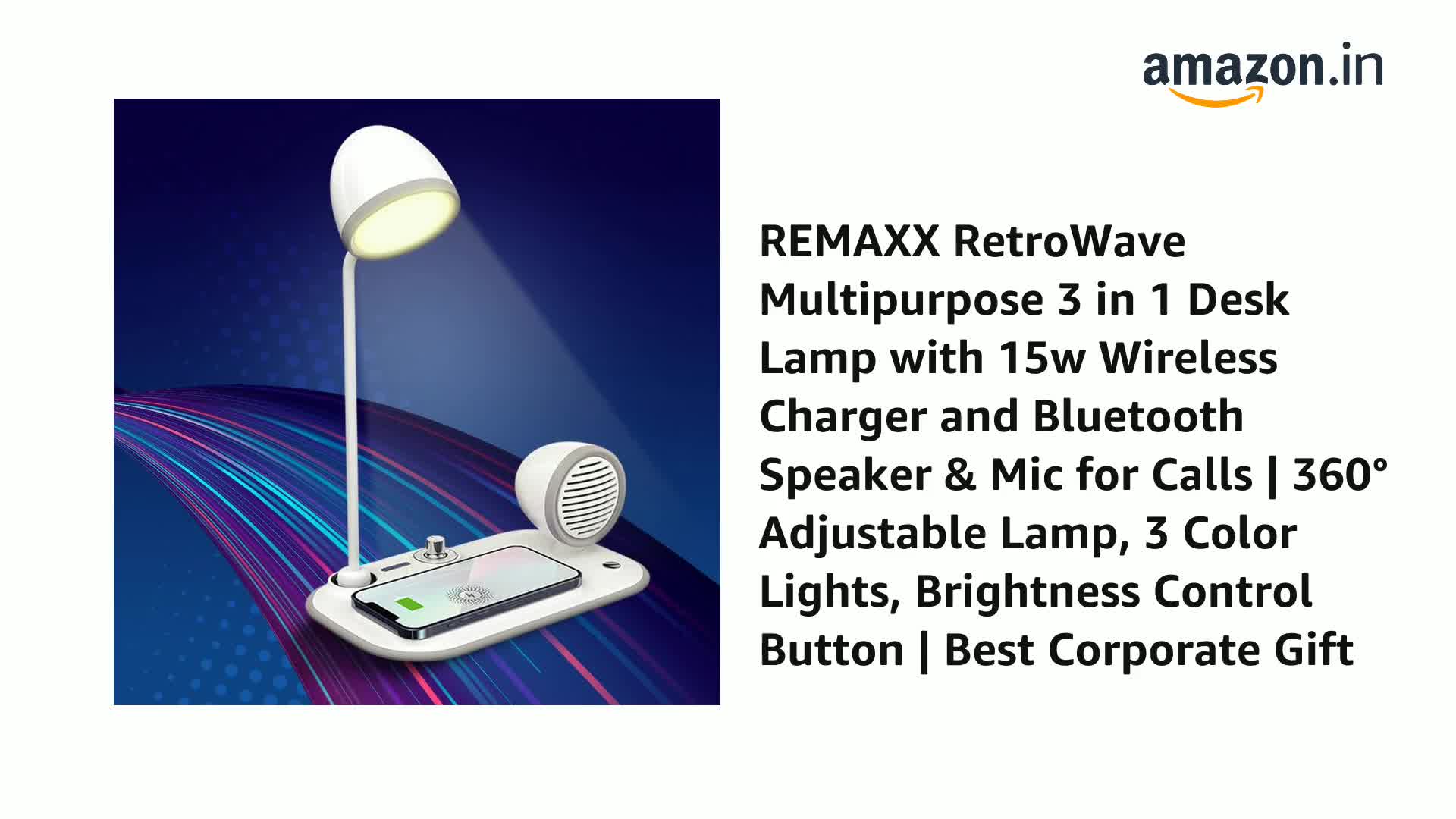 REMAXX Acrylonitrile Butadiene Styrene Retrowave Multipurpose 3 In 1 Desk Lamp With 15W Wireless Charger And Bluetooth Speaker & Mic For Calls 360° Adjustable Lamp, Color Lights, Led - Image 3