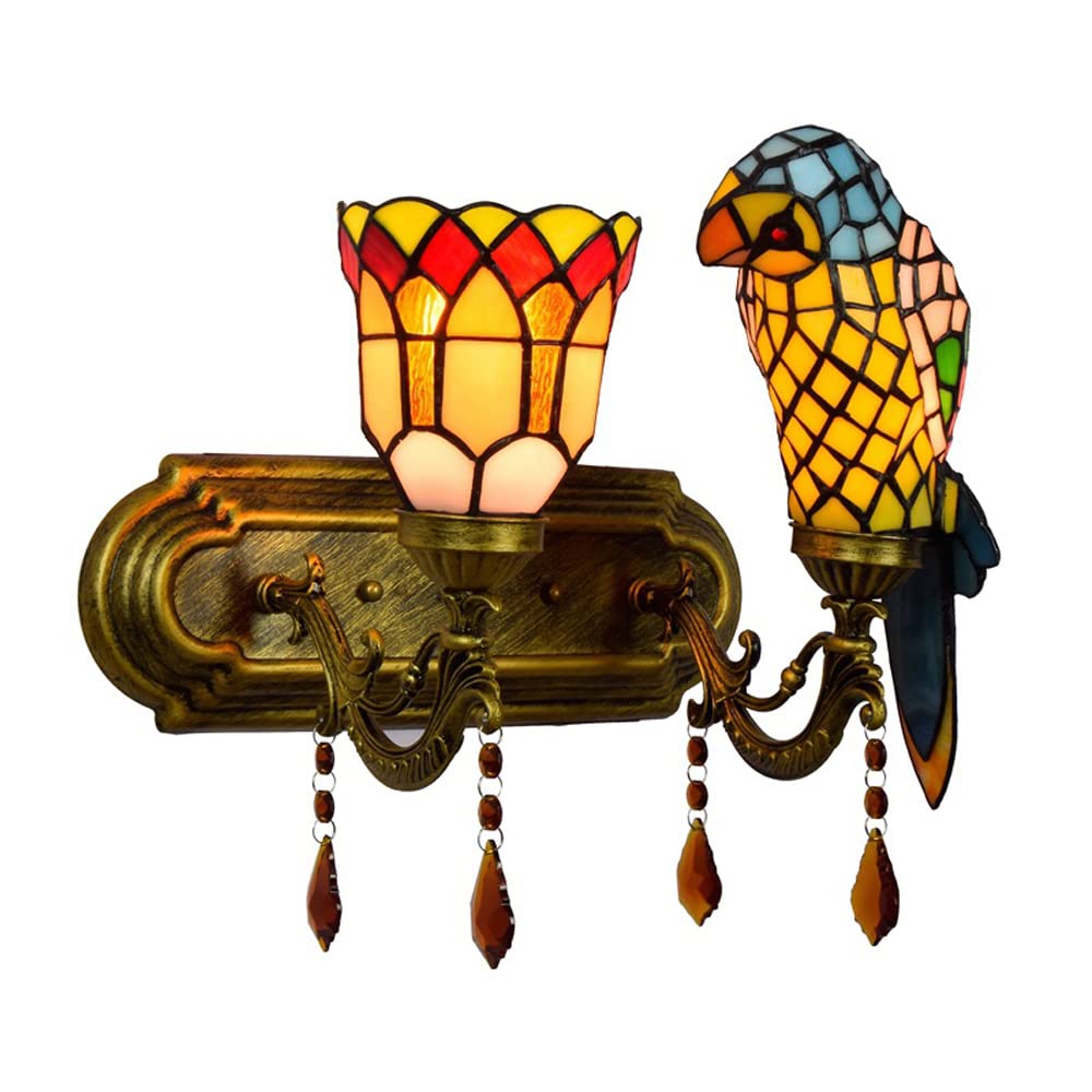 FYZDLAOR Retro Parrot Wall Light,Tiffanystyle Wall Sconces with Stained Glass Shade,Wall Mounted Lighting Fixtures for Living Room Staircase Bedroom（E27）