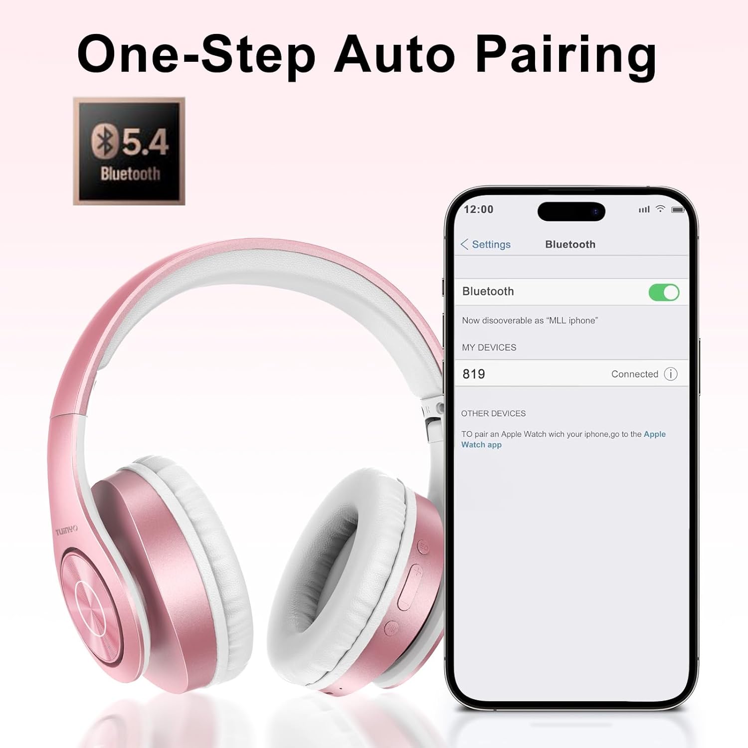 Smartphone screen showing Bluetooth pairing with TUINYO WH-819 headphones
